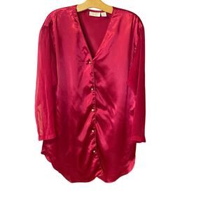 Vintage gold label Victoria’s Secret Red Satin Sheer Sleeve Button Blouse M/L